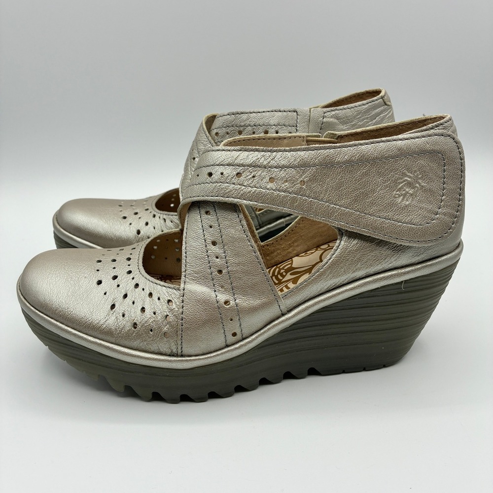 Fly London Yepe Wedge Sandals Womens 38 7.5-8 Gold Leather Perforated Mary Jane - Picture 2 of 15